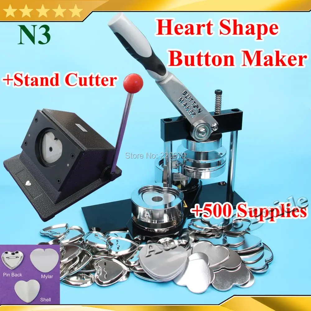 Free CP some N3 Heart Shape 57x52mm Badge Button Maker Machine + Mould + Stand Cutter +500 Sets Metal Pinback Supplies