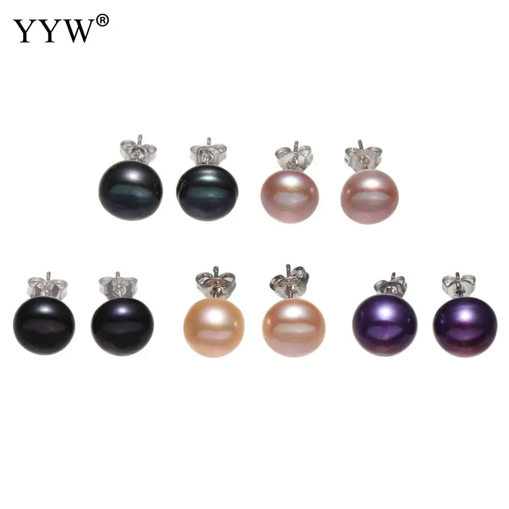 Natural Pearl Stud Earring 6-12mm Purple Pink Black Blue Freshwater Pearls Earring Silver Color Perlas Earrings Women Oorbellen