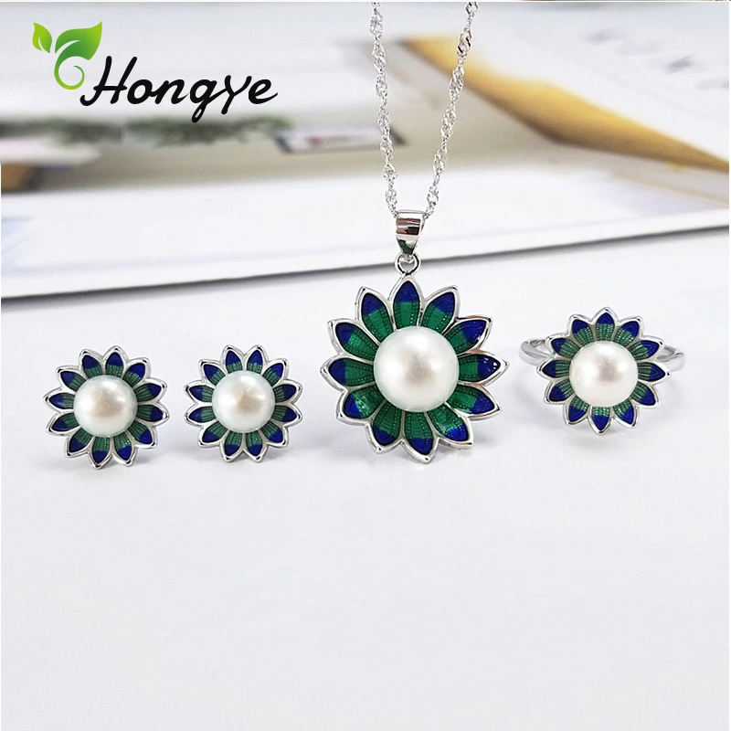 

Hongye Fashion Green Floral Pearl Sets Sweet Girls Stud Earrings 925 Sterling Silver Adjustable Rings Luxury Jewelry Gifts Party