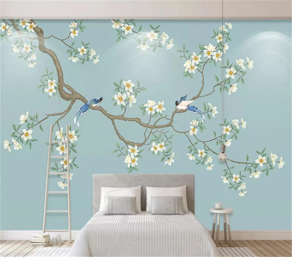 

Decorative wallpaper Small fresh style flowers and birds background wall painting