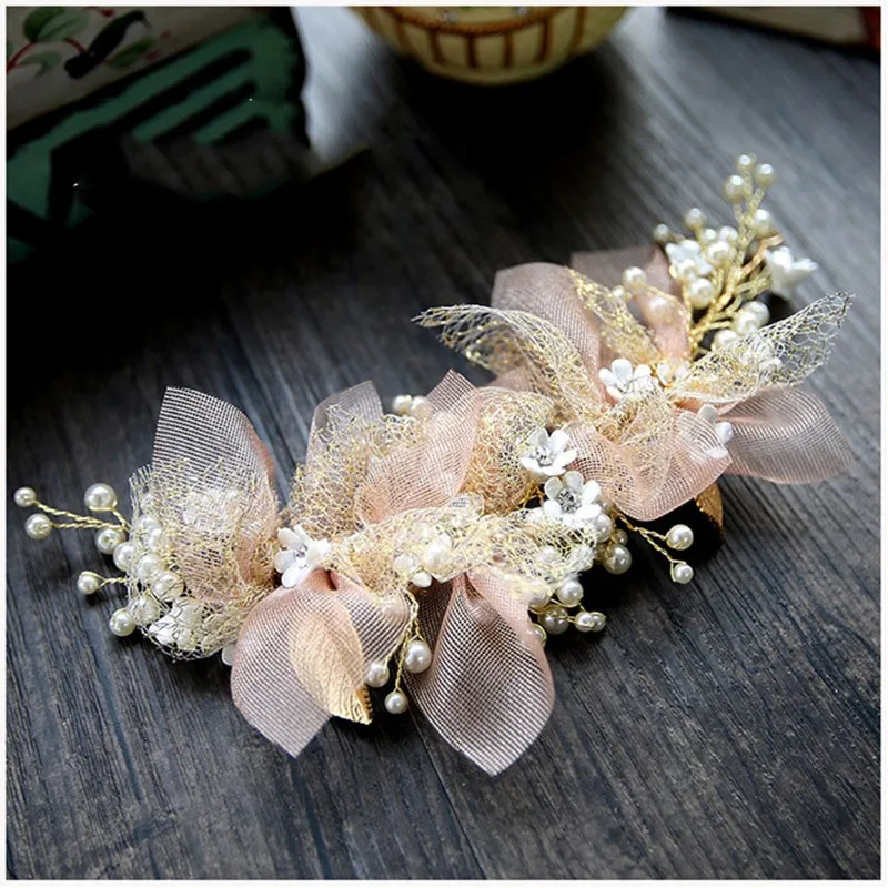 Gorgeous Pink Pearl Flower Bridal Headband Gold Color Beaded Leaf Hairband Pearls Head Jewelry Crystal Tiara Wedding Accessories