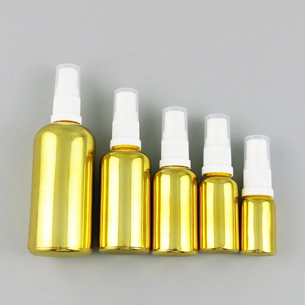 

Refillable 100ml50ml 30ml 20ml 15ml 10ml 5ml Painting Gold Glass Essential Oil Bottle With Fine Mist Sprayer Container 200pcs