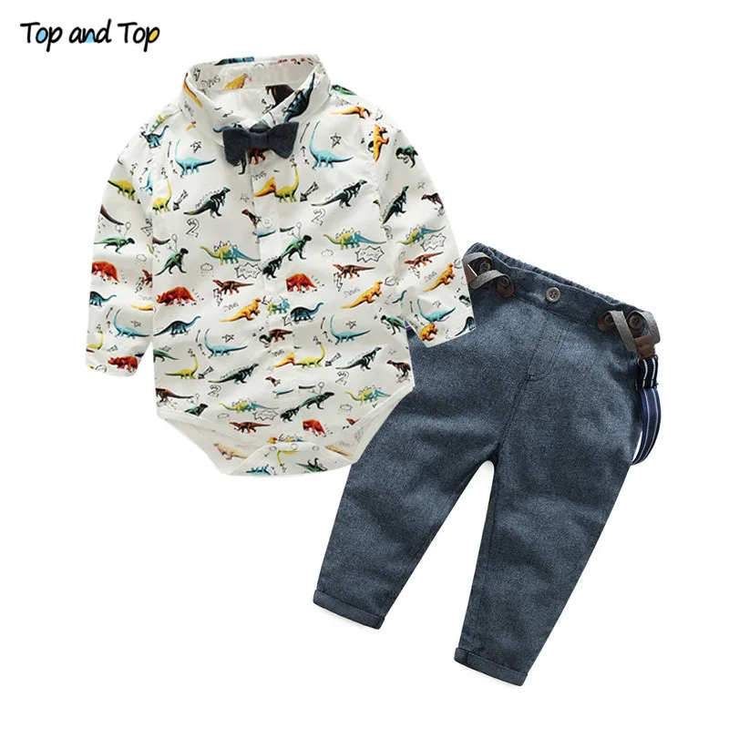 Top and Top Fashion Baby Boy Clothes Long Sleeve Dinosaur Print Shirt Romper+Suspenders Pants 3Pcs Gentleman Baby Clothing Set