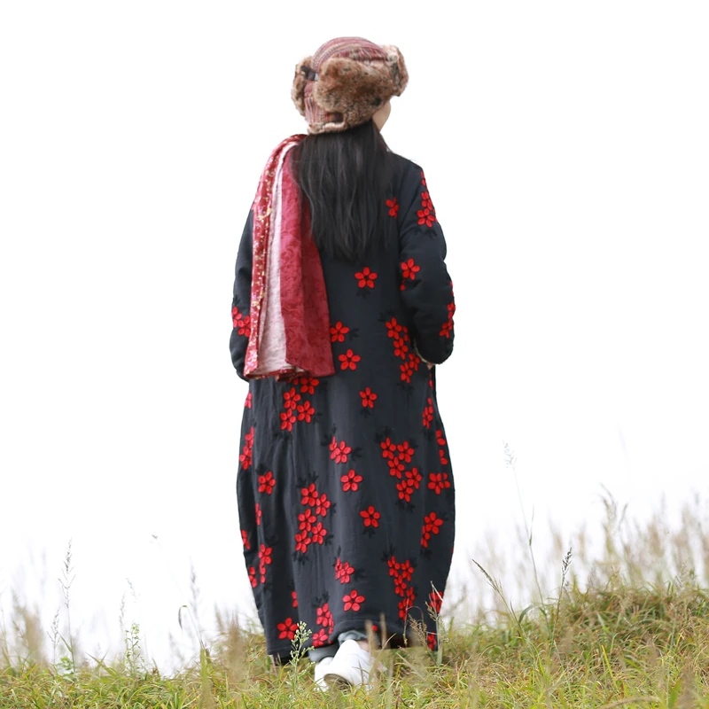 LZJN Women\'s Chinese-Style Floral Embroidered Trench Coat, Maxi Loose Overcoat, Windproof Fleece Jacket, for Autumn and Winter