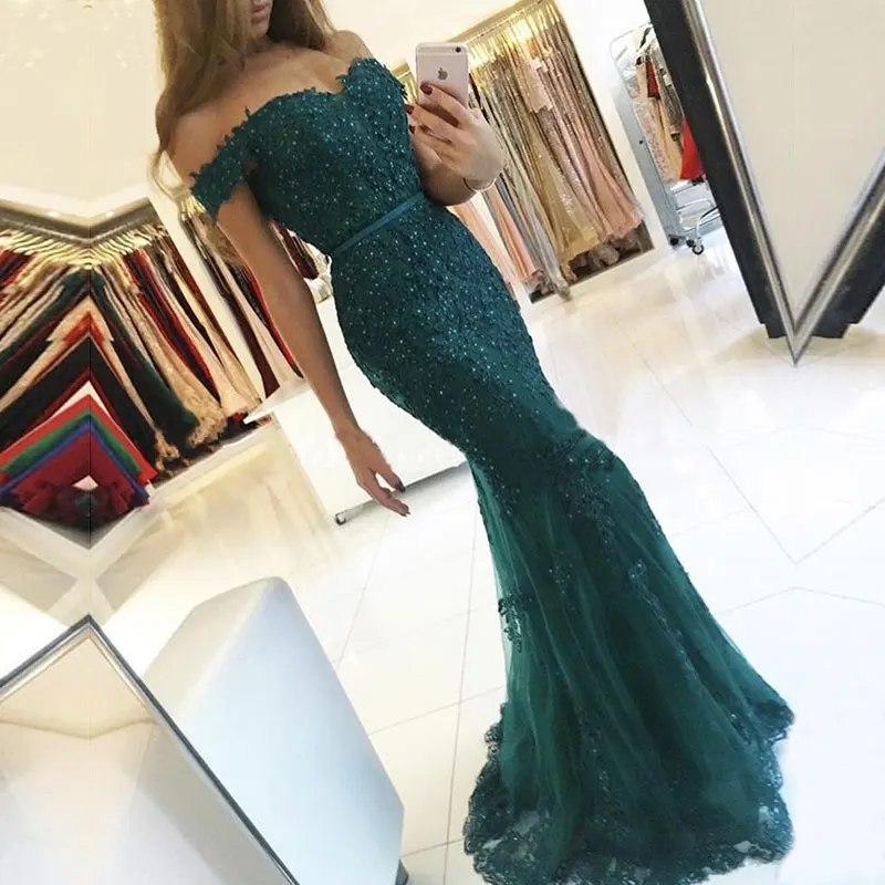 Robe Femme Off De Schouder Lange Jurk Mermaid Avondjurk Lace Robe De Soiree Longue Formele Jurk Abiye Gece Elbisesi groen