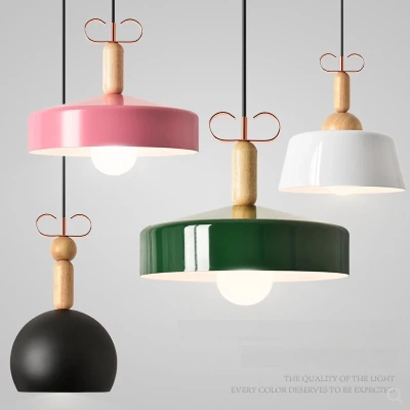 

Color Macarons Postmodern Aluminum Restaurant Livingroom Bedroom E27 Single LED Lighting Retro Wood Pendant Lamp Indoor Fixture