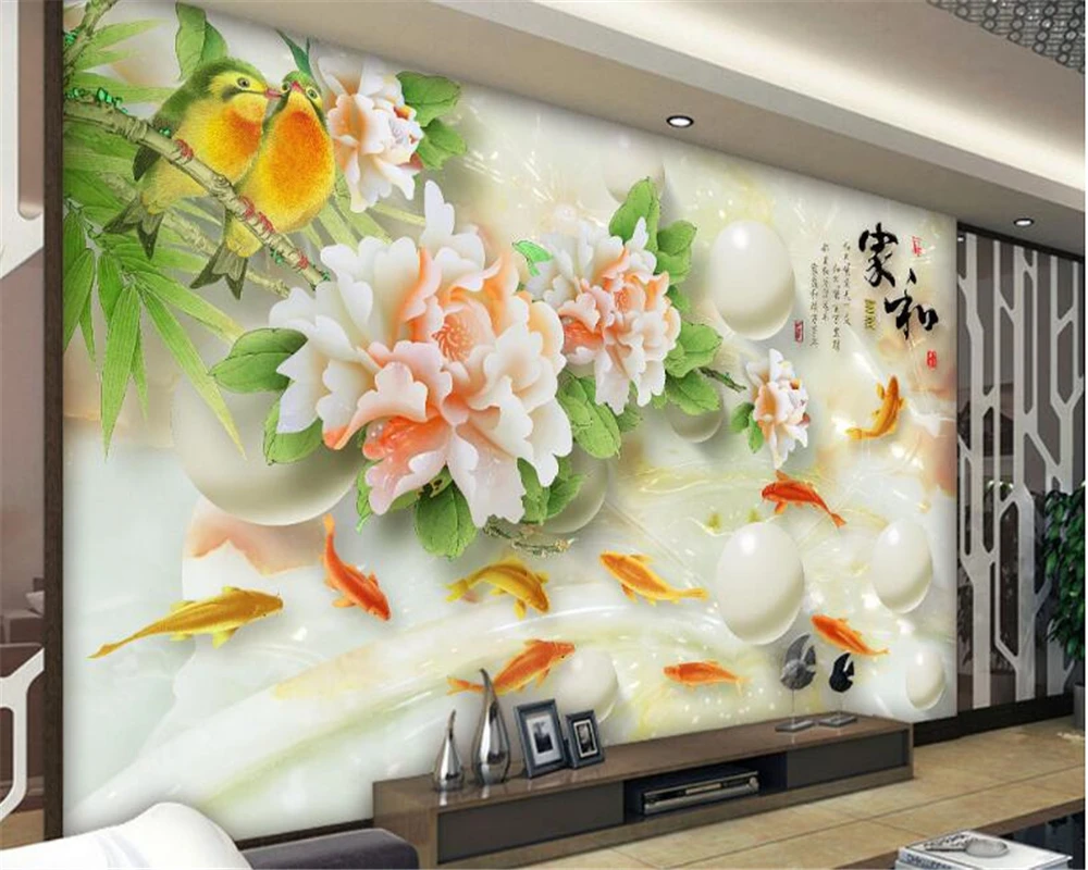 

Изящная декоративная живопись 3d обои Нефритовая резьба пион девять рыб рисунок нефрит резьба фон стены papel де parede