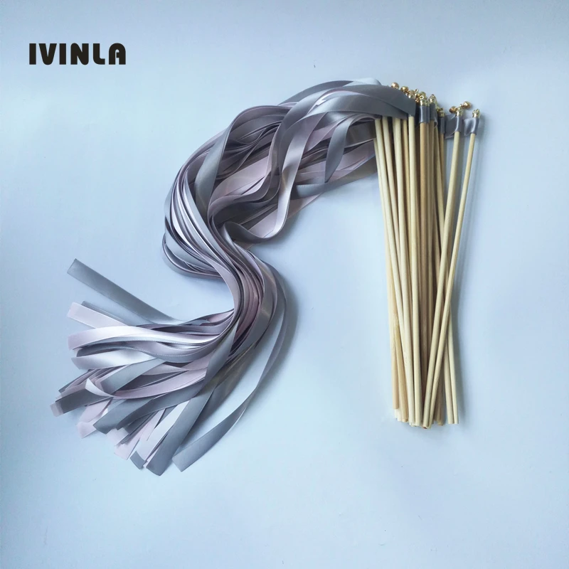 50pcs/lot  pink and grey wedding wands stick with gold bell ribbon Twirling Streamers for wedding decoration