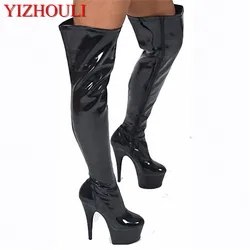 15cm high heel thigh high boots for women zipper motorcycle boots Hand Made High Heel Shoes tall sexy pole dancing boots