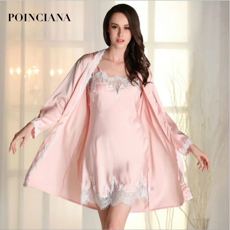 Robe Sexy POINCIANA Suits For Women Summer Silk Dressing Gowns Sleeping Robe For Women Beautiful Two Piece Bathrobe Set