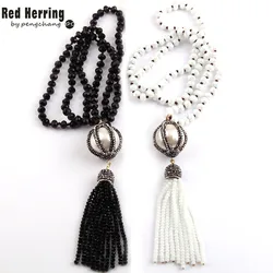 Fashion Bohemian Tribal Jewelry Black/White Crystal Glass Knotted Handmake Paved Big Ball and Tasse Necklaces