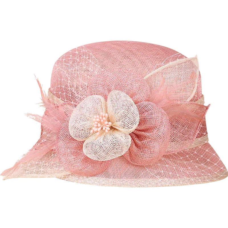 Hats Women Pink Fedoras Flowers Wide Brim Derby Hat Fascinator For Wedding Summer Church Party Ladies Chapeu Feminino