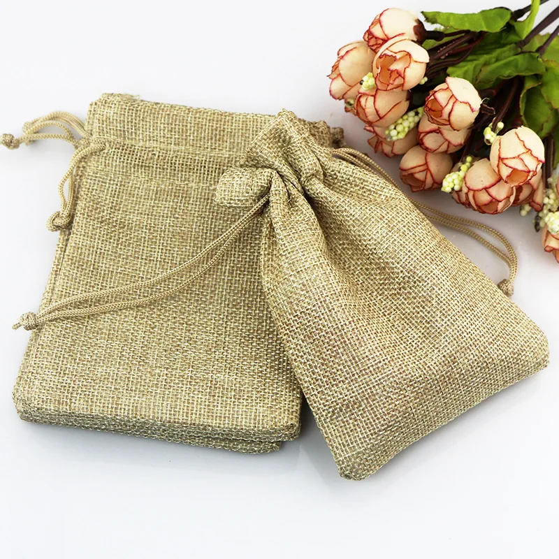 New 100pcs/lot (3 SIZE) Khaki color natural Burlap Linen Jewelry Travel storage Pouch Mini Candy jute Packing Bags for Gift bag