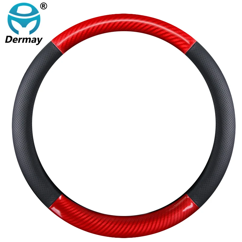 DERMAY Luxury Car Steering Wheel Cover Genuine Leather+Carbon Fibre M Size Fit Out Diameter 37-38CM Steering Wheel Free Shipping