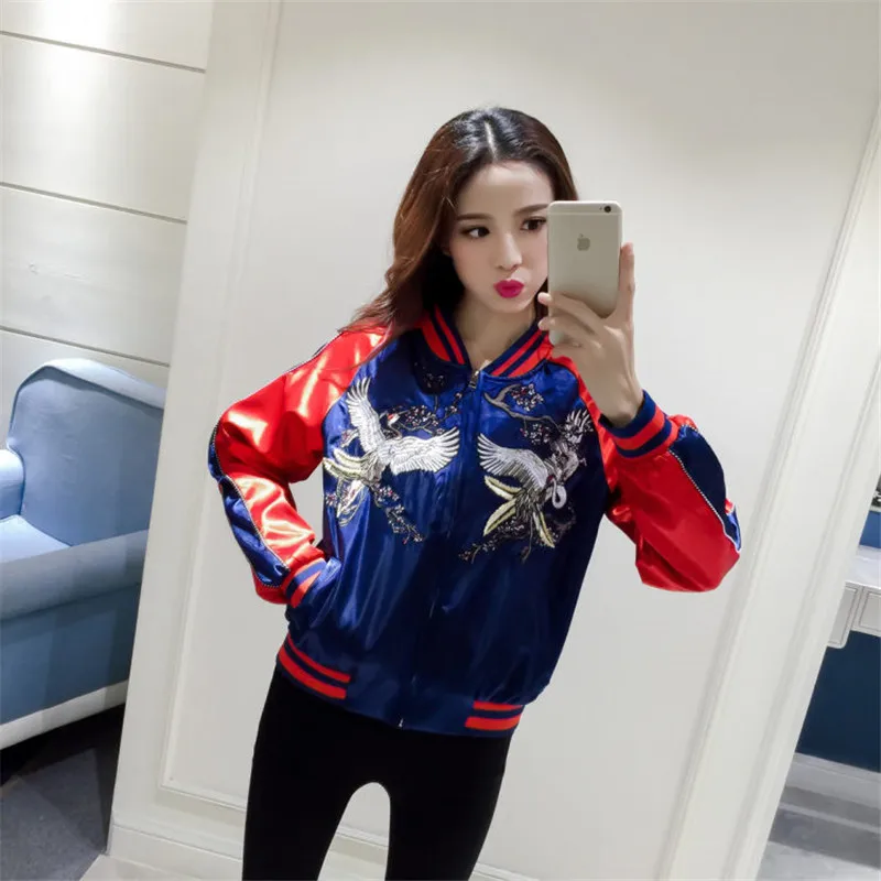 

crane and flower embroidery jacket women crash color bomber streetwear Bf coat personality outwear plus size harajuku jackets