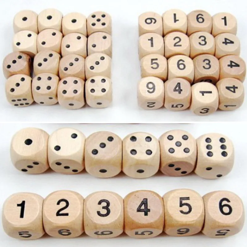 10pcs Wood Dice D6 Sided Dice 16mm Digital number or point Cubes Round Coener For Kid Toys Board Games