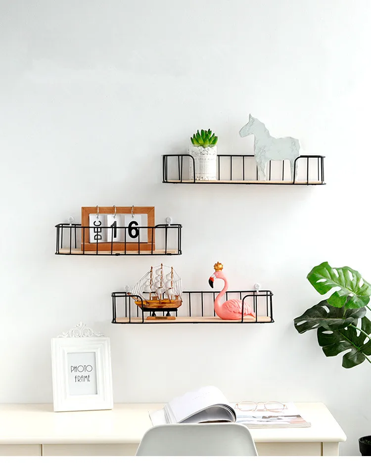 1PC Iron Wood Storage Shelf Sundries Wall Holder Nordic Kitchen Bedroom Wall Shelves Rack Crafts Display Rack JL 245