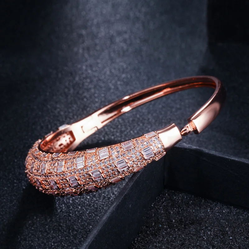 CWWZircons Luxury Cubic Zirconia Rose Gold Color Women Wedding Party Bangle Bracelet and Rings Sets Bridal Costume Jewelry T324