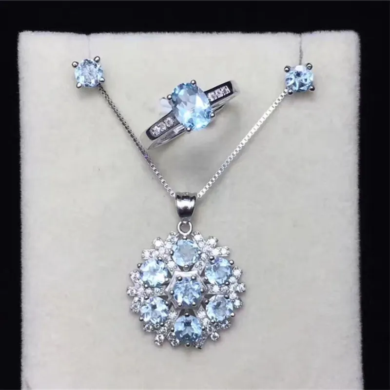 

100% Natural Set Fine Jewelry For Women Ring Pendants Stud Earrings 925 Silver Blue Topaz Round Gemstone Jewelry Sets CCS002-3