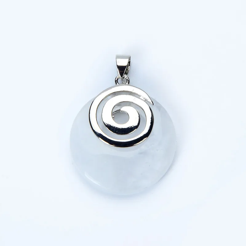 Natural Stone Pendant for Necklaces Hollow Out Round Spiral Metal Charms Purple White Crystal Tiger Eye Aventurine Reiki Jewelry