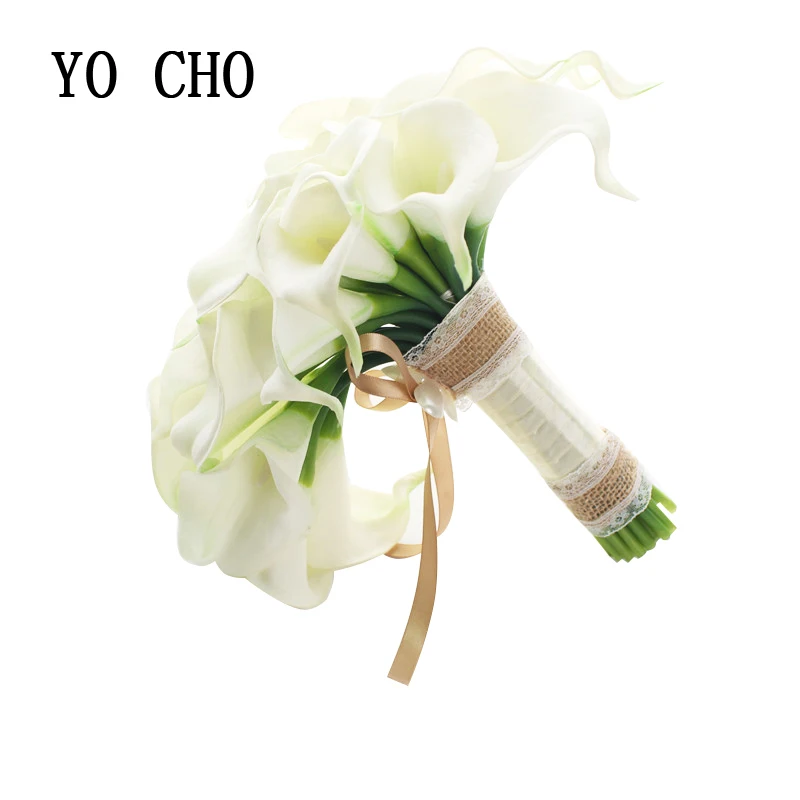 

YO CHO Wedding flower bridal bouquet Real touch PU bride holding flower Ivory white artificial Calla Lily flower wedding bouquet