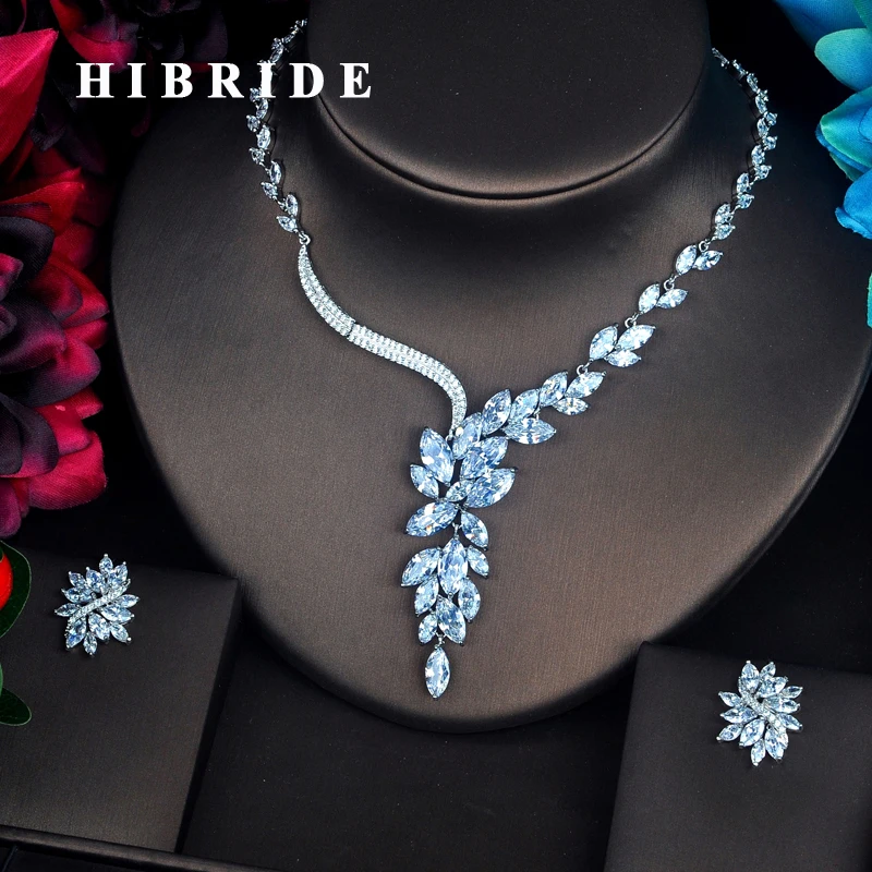 HIBRIDE Luxury Sparkly Marquise Cut Women Cubic Zirconia Jewelry Set Necklace Earring Sets Birthday Party Wholesale Price N-411