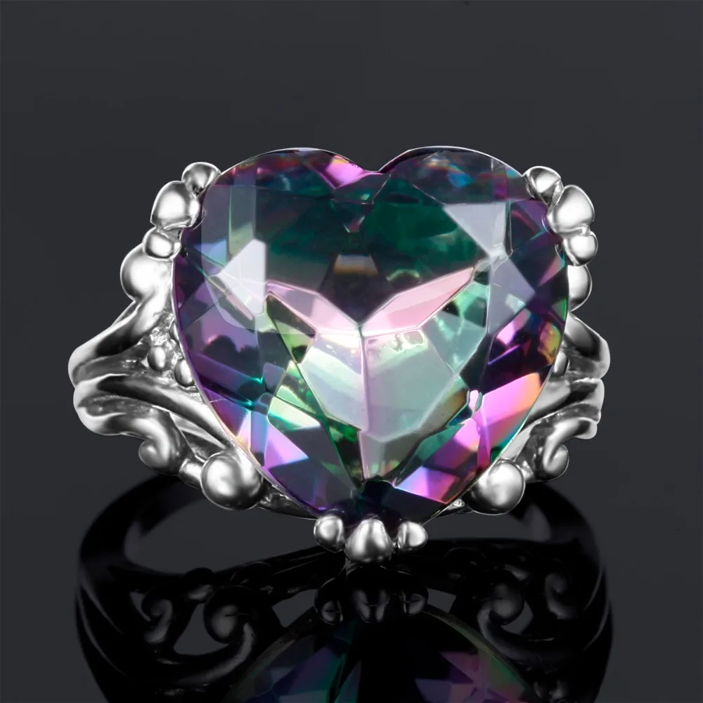Romantyczny kształt serca 925 srebrny pierścień Rainbow mistyczny Topaz austriacki kryształowy pierścień dla kobiet w stylu Vintage biżuteria akcesoria — zdjęcie 6