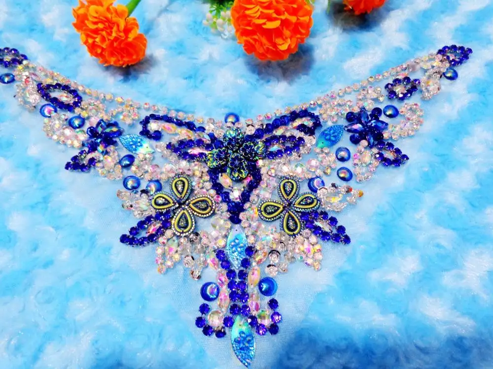 Handmade crystal  patches sew on  Rhinestones deep blue/clear AB colour applique with stones sequins beads 32*13cm  for  dress