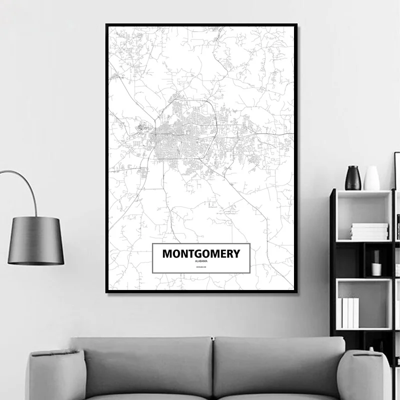 Montgomery, Alabama, United States Black White Custom World City Map Poster Canvas Print Nordic Style Wall Art Home Decor