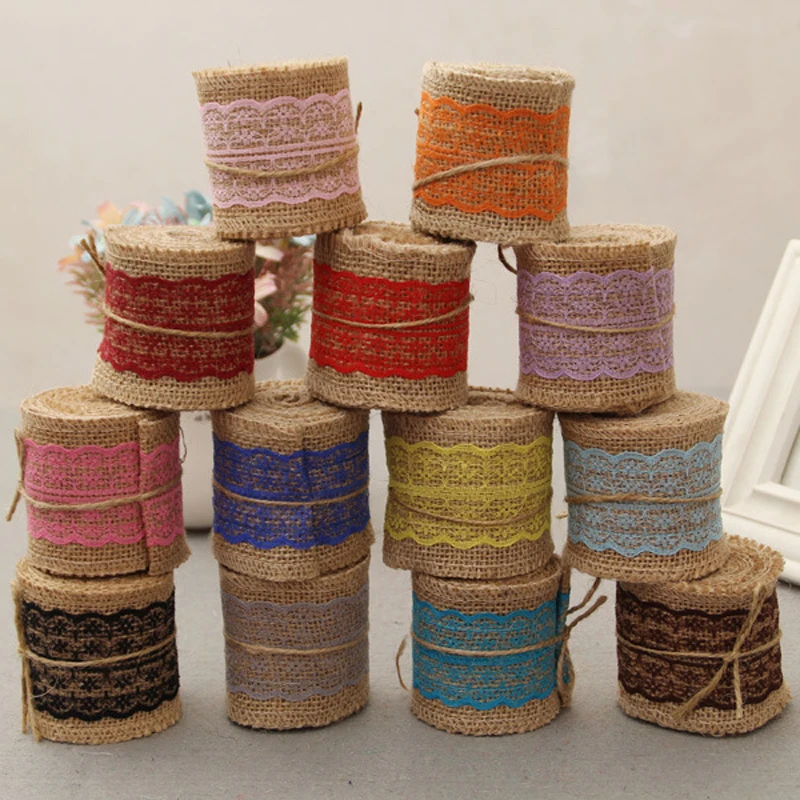 HOMEBEGIN 2M Linen Vintage Burlap Lace Table Runner Handmade DIY Wedding Christmas Decoration Jute Burlap Event Party Supplies