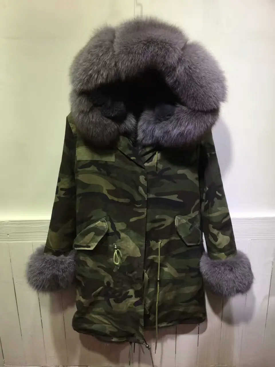 

Luxury Pompoms Gray Tartan Fox Fur&Faux Fur Parka Camouflage Cotton Shell Long Overcoat Unisex Winter Wear