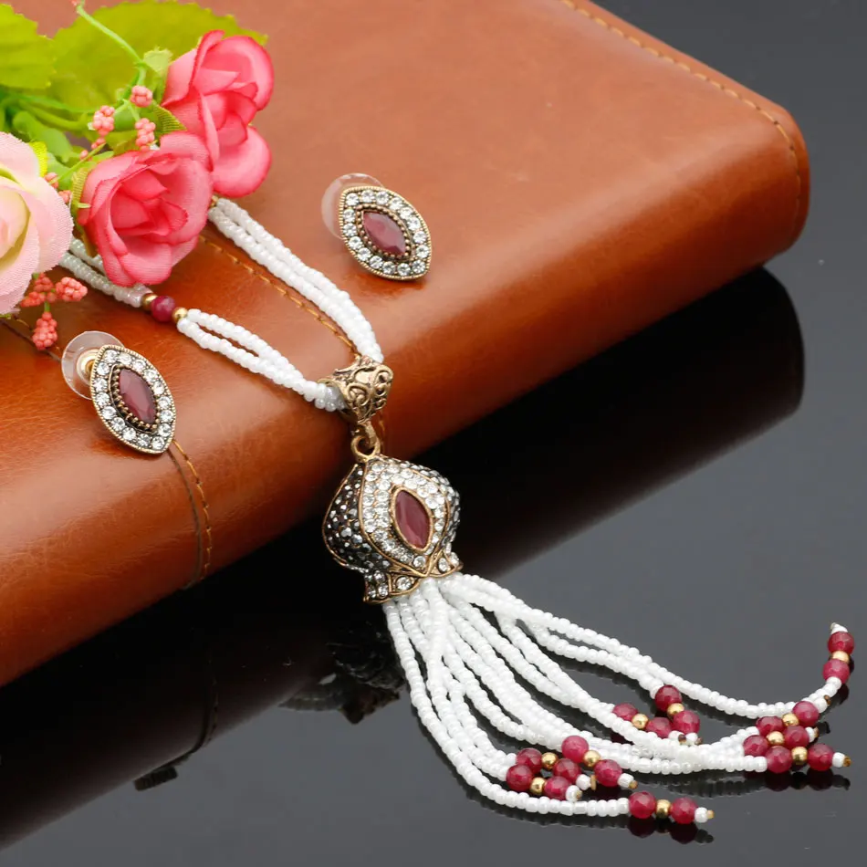 Fashion African Beads Jewelry Sets Charms Nigerian Wedding Long Tassels Necklace Stud Earring For Women Multi Layer Chain 2018