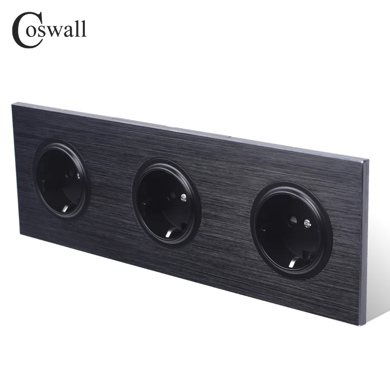 Coswall Luxurious Black / Silver Grey Aluminum Metal Panel Triple EU Russia Wall Socket Grounded With Children Protective Door