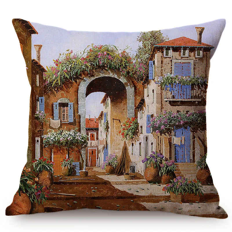 Nordic Rural Landscape Oil Painting Art Decorative Throw Pillow Case Famous Vintage Building Luxury Scenery Sofa Cushions Cover