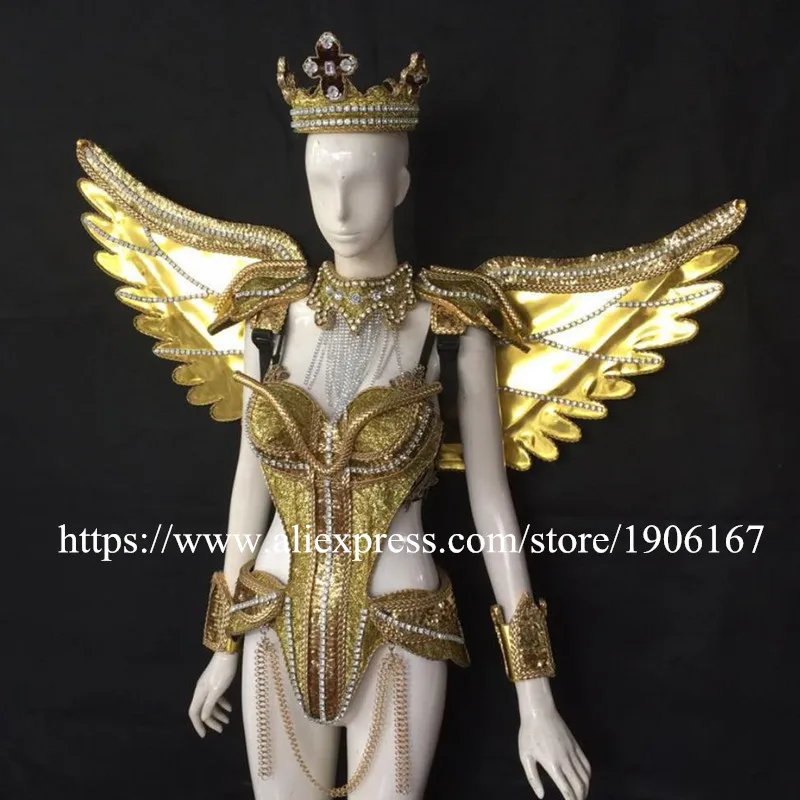 Victoria Catwalk Shows Wings Clothes Sexy Lady Stage Performance Party Dress Gold Color Dance Singer Ballrooom Costume