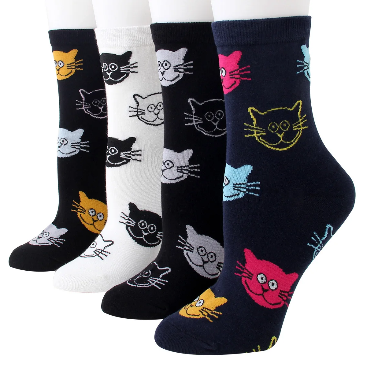 PEONFLY 4pairs/lot Combed Cotton Socks Women Breathable Cute Kawaii Cat Printing Pattern Funny Sock Casual Autumn Soft Sokken