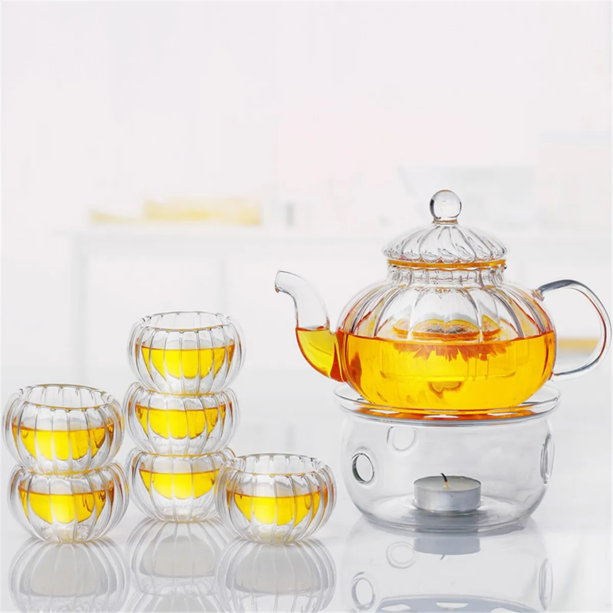 

Clear 600ml Glass Tea Pot 6 Cups Set Tealight Warmer Pumpkin Coffee Pot Kettle Infuser Home Kitchen Drinkware Coffee Tea Tools