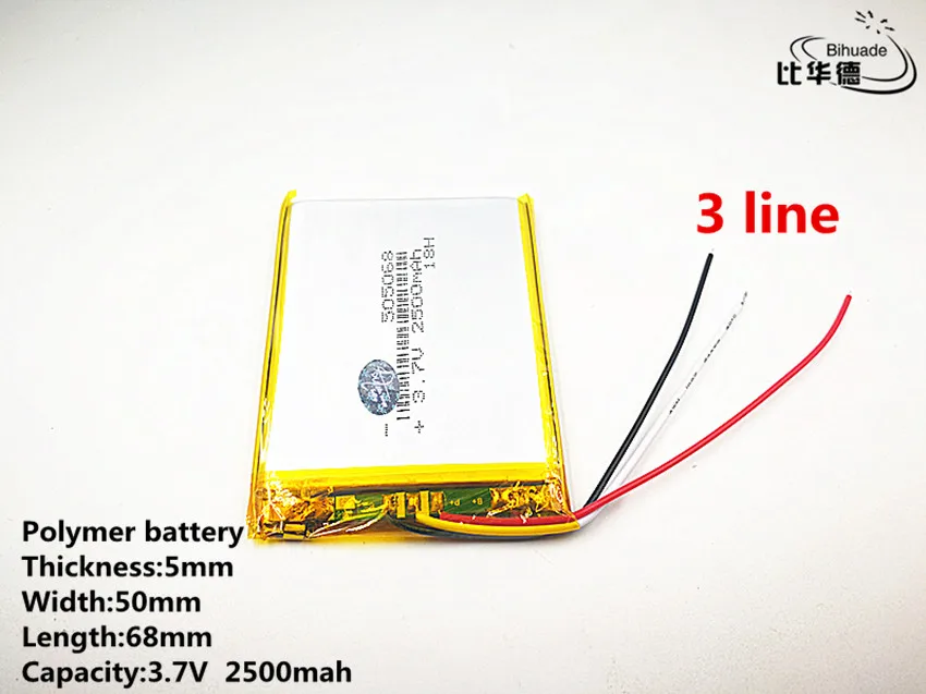 

10pcs/lot 3 line Good Qulity 3.7V,2500mAH,505068 Polymer lithium ion / Li-ion battery for TOY,POWER BANK,GPS,mp3,mp4