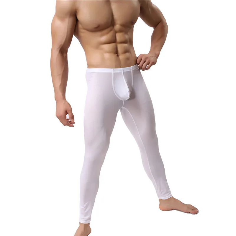 Sexy Long John Men\'s Ice Silk Thermal Underwear Pants Ultra-Thin Warm Long John Elastic Tights Leggings Sleepwear Pajamas