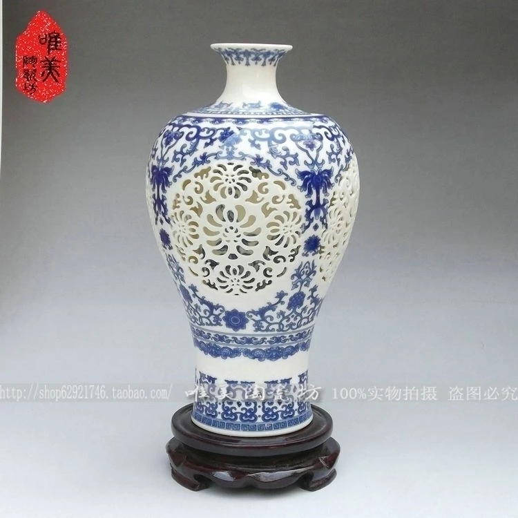 

Ceramics double layer cutout vase blue and white porcelain vase decoration