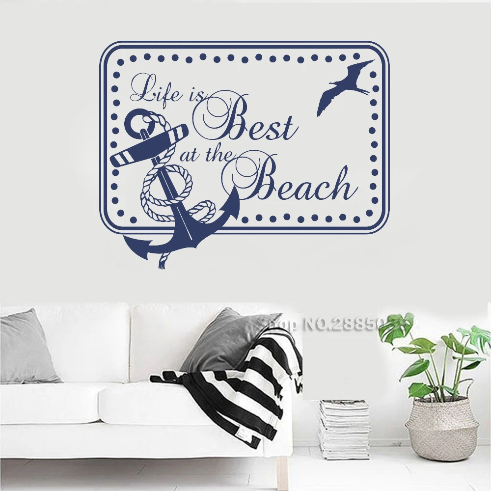 Life Is Best At The Beach With Anchor Wall Sticker Quotes Art Vinyl Boys Bedroom Decor Mural Teen Room Dorm Wall Decal Hot LC632