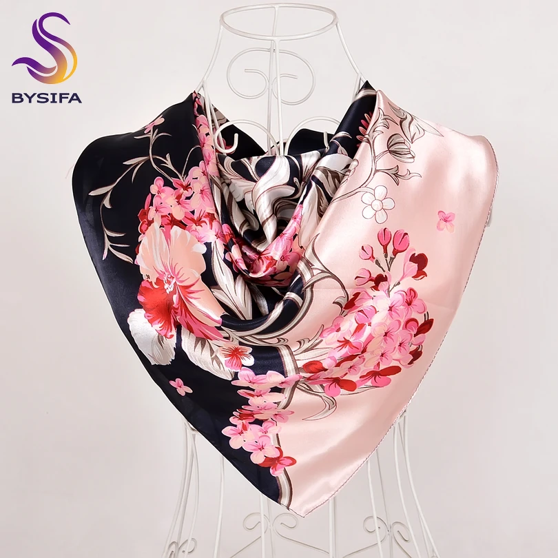 [BYSIFA] Women Chinese Style Navy Blue Pink Silk Scarf Shawl Winter Brand Square Satin Scarves Wraps Spring Autumn Headscarves