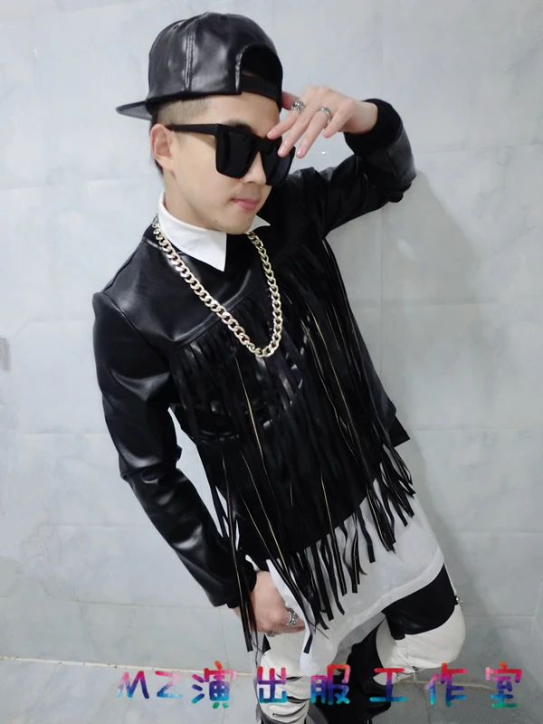 

New Fashion Men Stage Singer Vest Black Tassel Leather Pullover Sweatshirt Costumes Clothing Coat / S-xl