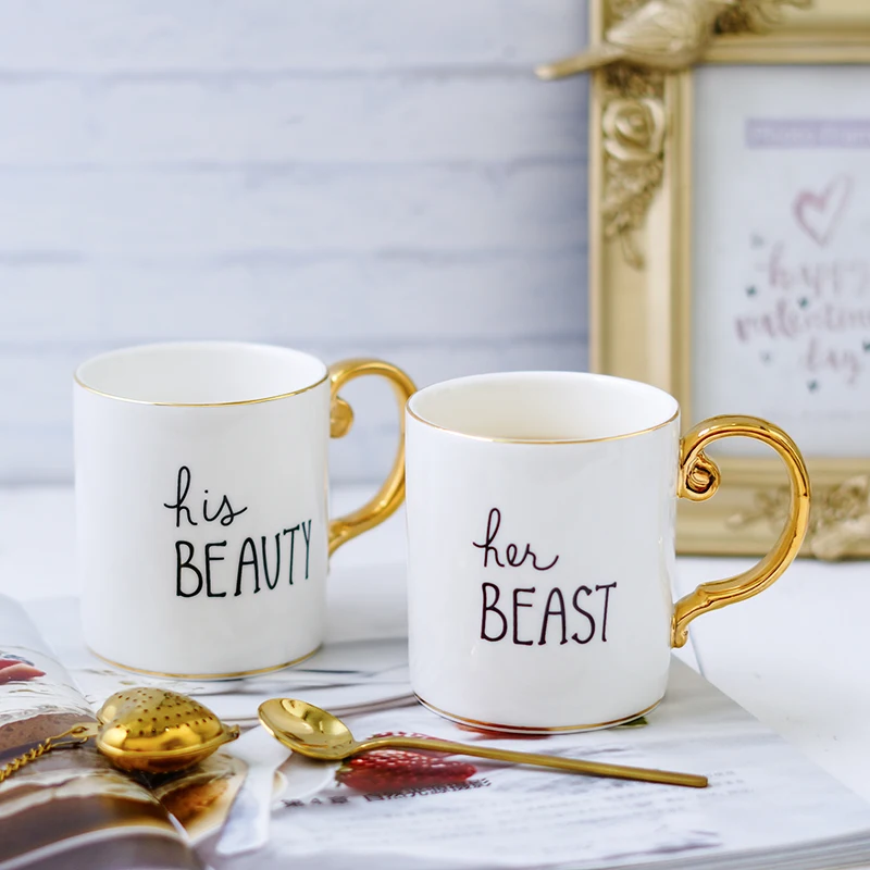 Ouro Senhor e Senhora Porcelana Diamante Canecas, Caneca De Café, Chá E Leite Copos De Cerâmica, Presente De Casamento De Luxo