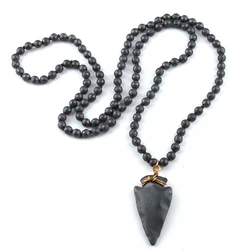 Fashion Jewelry 6mm Faceted Hematite Stone Knotted Hematite Stone Arrowhead Pendant Necklace Women Lariat Necklaces