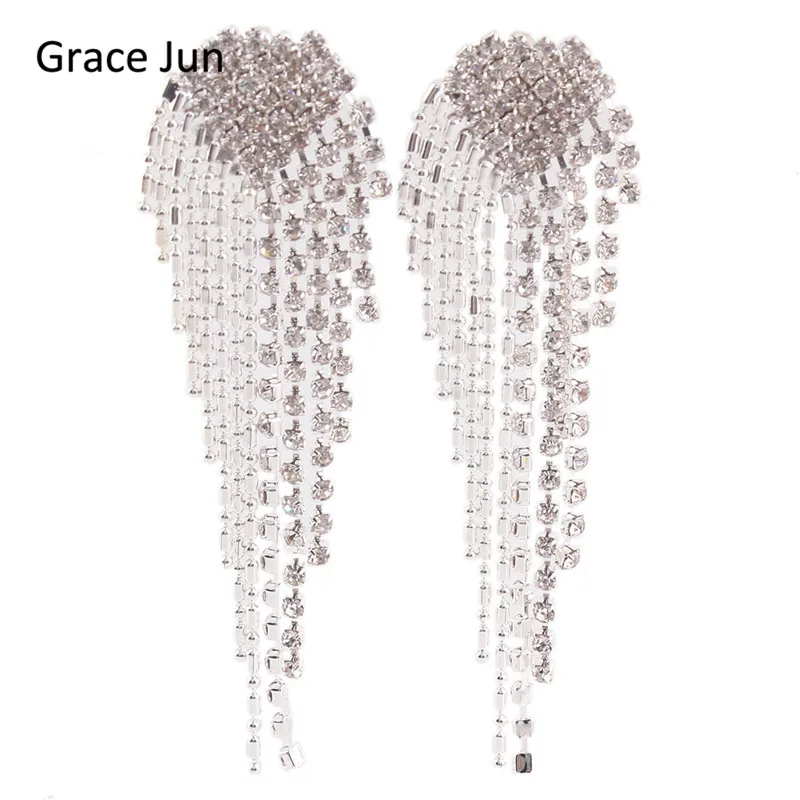 Grace Jun New Arrival Big Heart  Shape Tassel Rhinestone Clip on Earrings No Pierced Charm Chandelier Jewelry No Hole Ear Clip