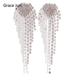Grace Jun New Arrival Big Heart  Shape Tassel Rhinestone Clip on Earrings No Pierced Charm Chandelier Jewelry No Hole Ear Clip