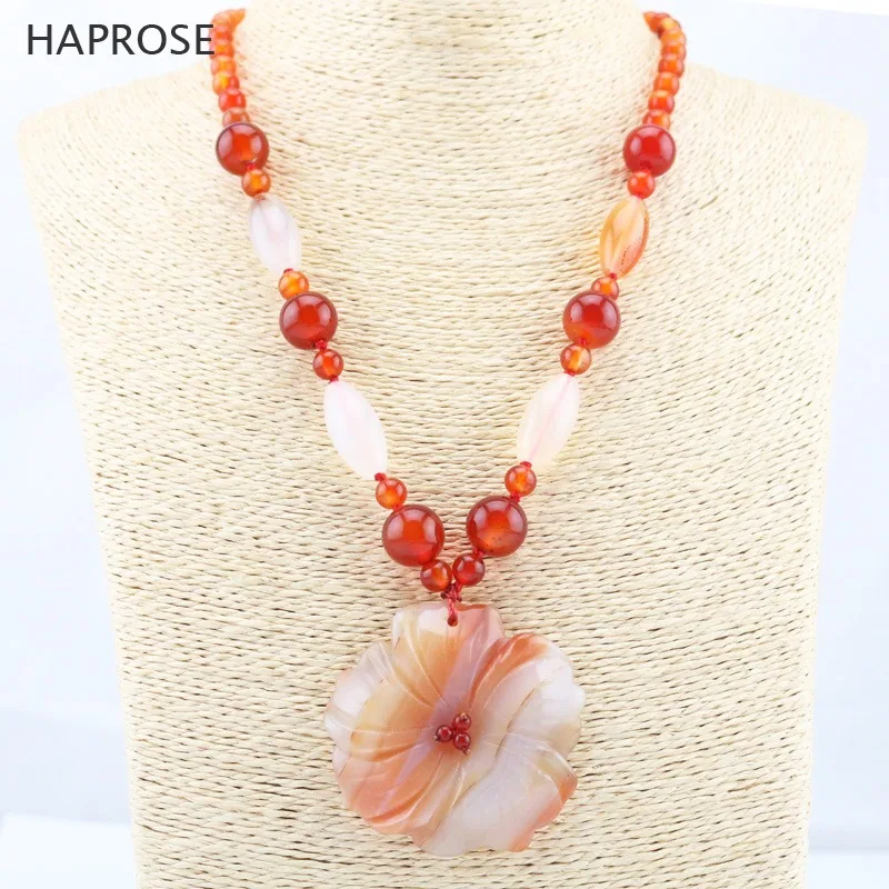 Plum-shaped pendant natural agate necklace red round beads rice beads agate sweater necklace lobster clasp necklace wedding gift