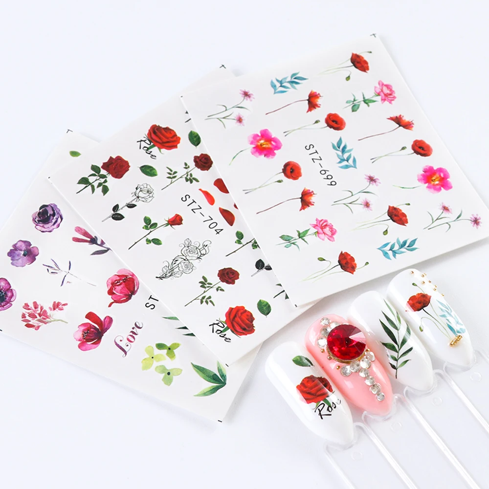 24 Sheets/sets Spring Nail Water Sticker Flowers Leaves Graffiti Slider Summer Bloom Colorful Plant Pattern 3D Manicure Sticker