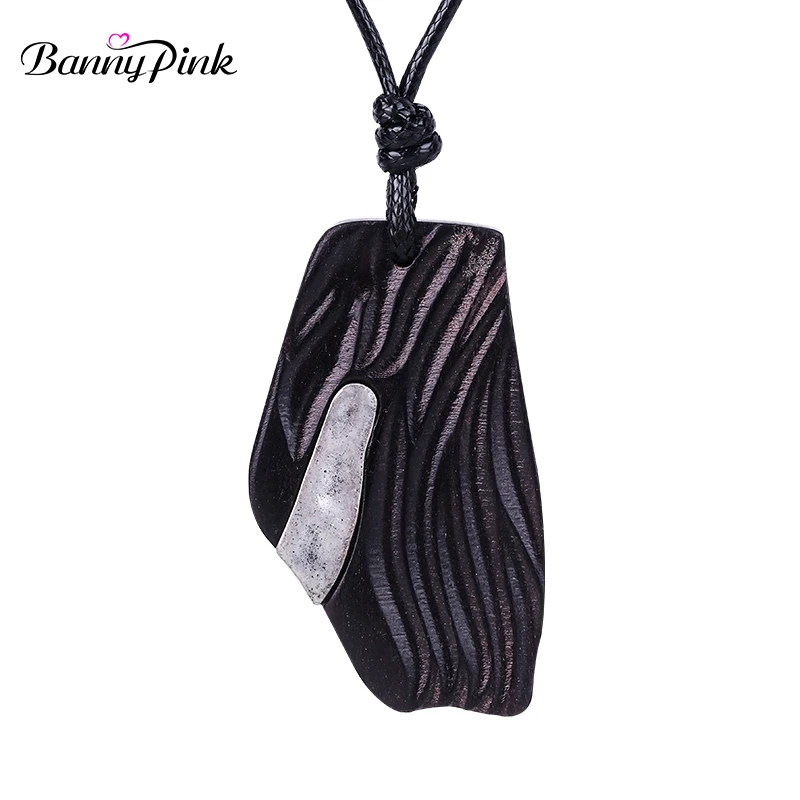 Banny Pink Elegant Irregular Wood Necklace For Women Ethnic Wooden Pendant Necklace Fashion Jewelry long Black Chain Necklace